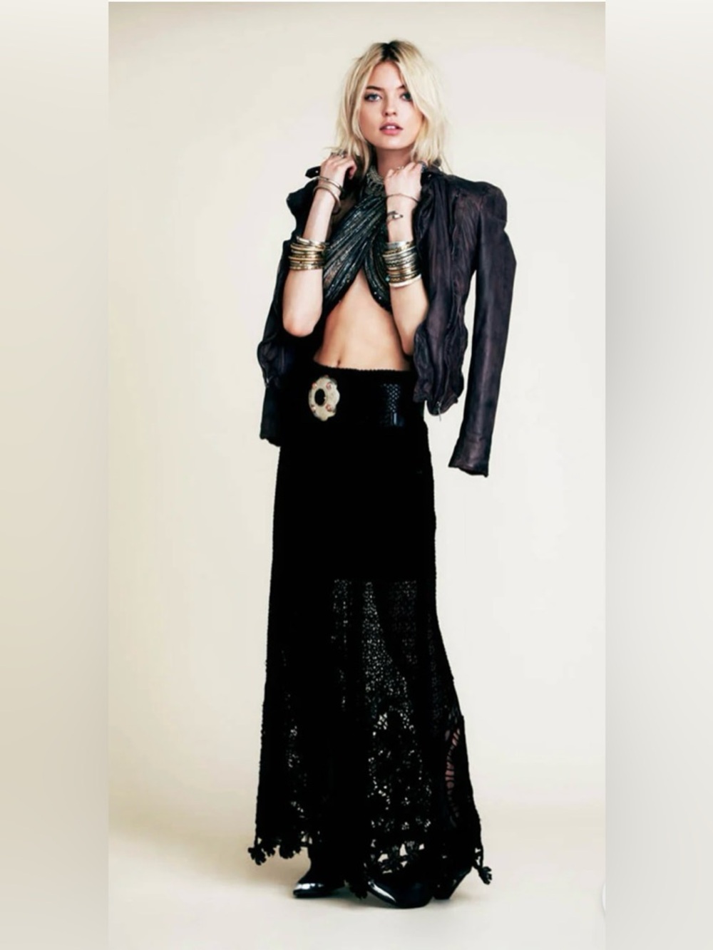 Free People Whimsigoth Black Crochet Maxi Skirt - sz 0